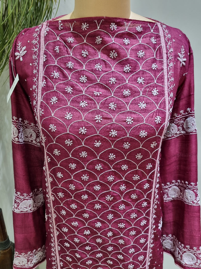 Tussar Silk 2pc Kurta Set - Maroon