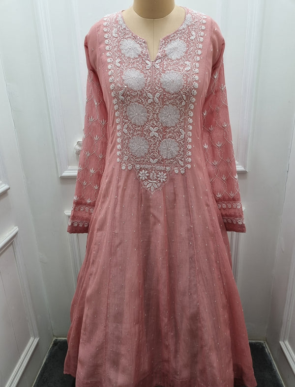 Mal Chanderi Anarkali 2 Pc Set - Rust