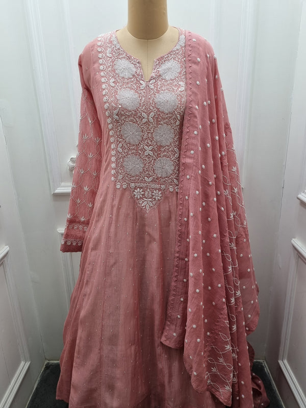 Mal Chanderi Anarkali 2 Pc Set - Rust
