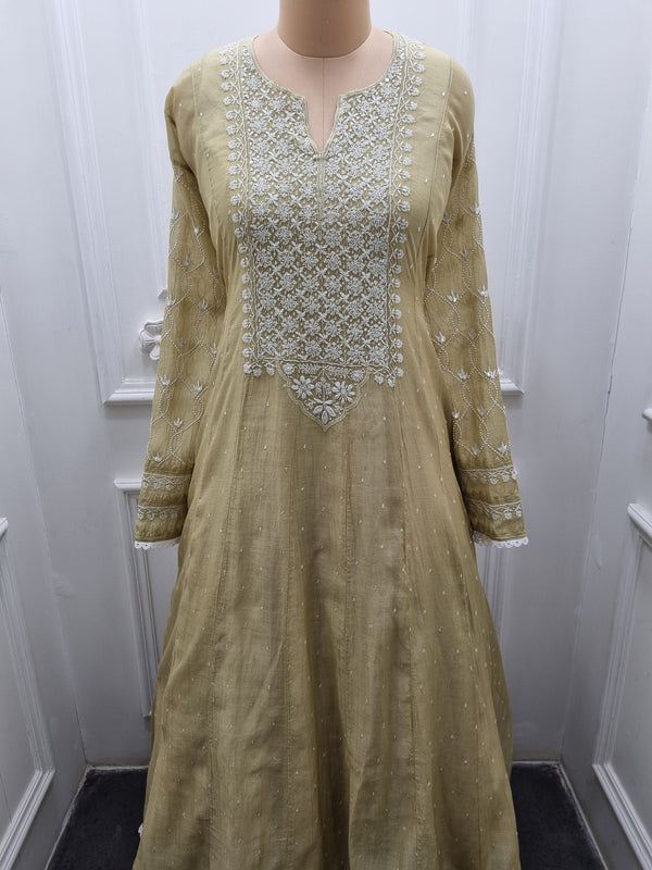 Mal Chanderi Anarkali 2 Pc Set - Green