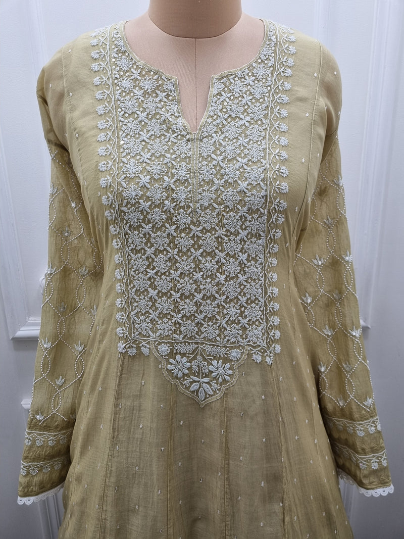 Mal Chanderi Anarkali 2 Pc Set - Green