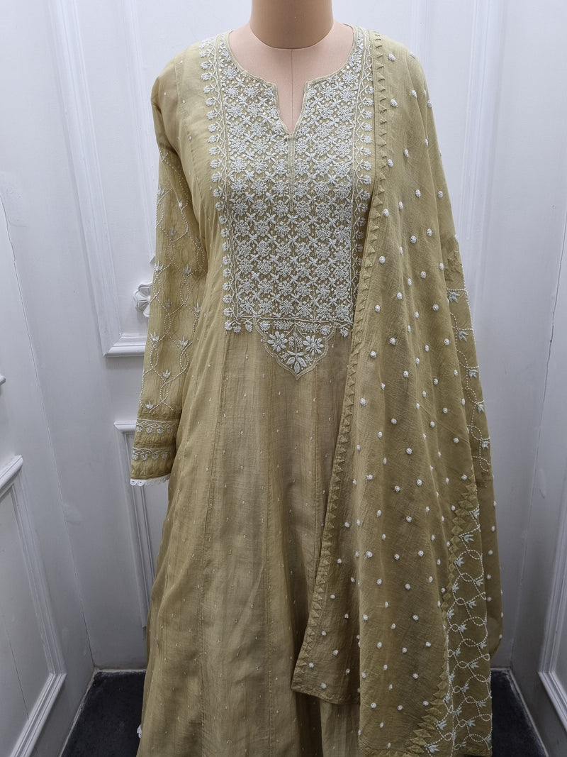 Mal Chanderi Anarkali 2 Pc Set - Green