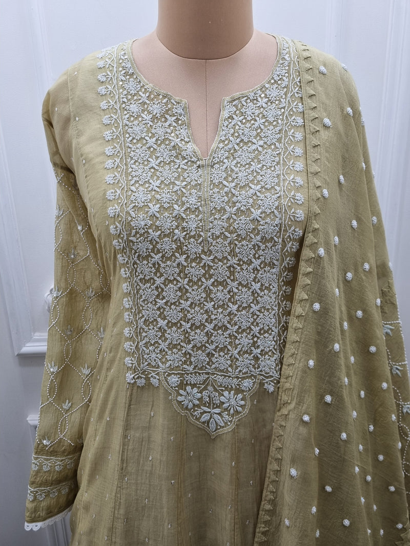 Mal Chanderi Anarkali 2 Pc Set - Green