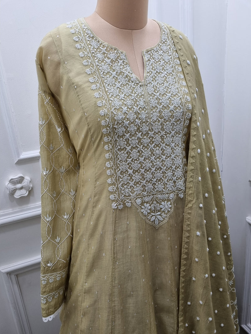 Mal Chanderi Anarkali 2 Pc Set - Green