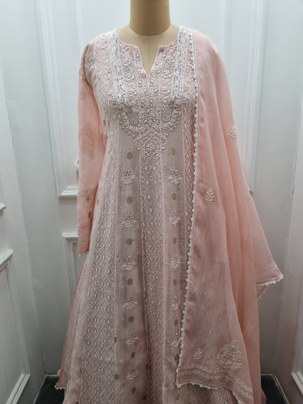 Mal Chanderi Anarkali 2 Pc Set - Pink