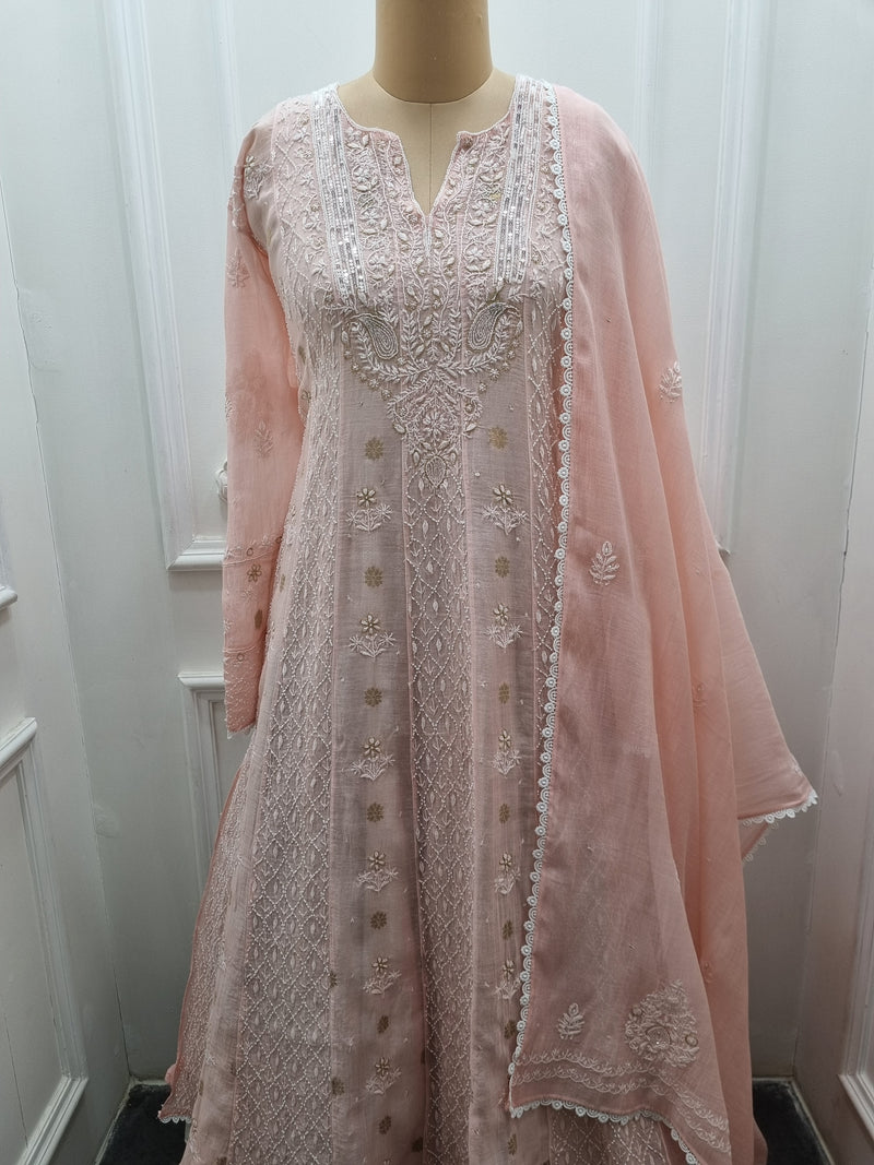 Mal Chanderi Anarkali 2 Pc Set - Pink