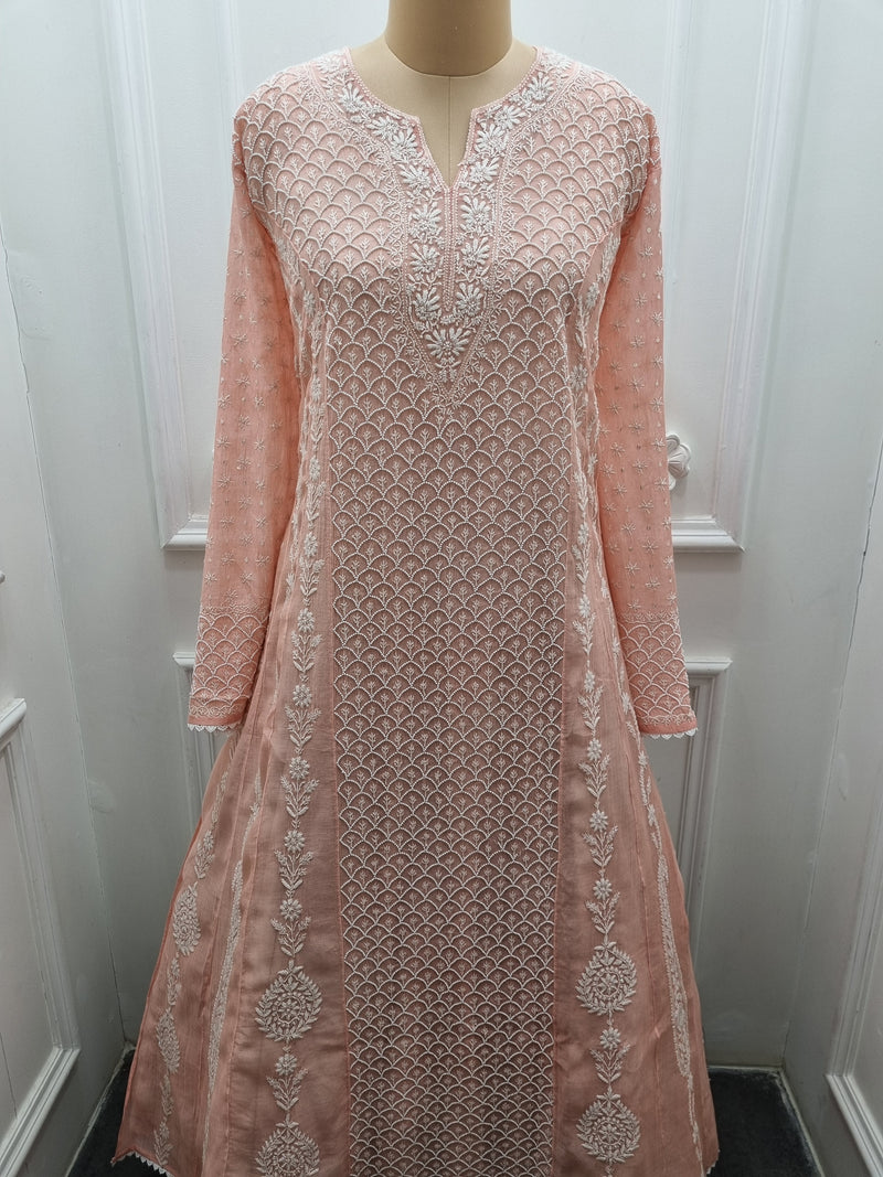 Mal Chanderi Anarkali 2 Pc Set - Peach