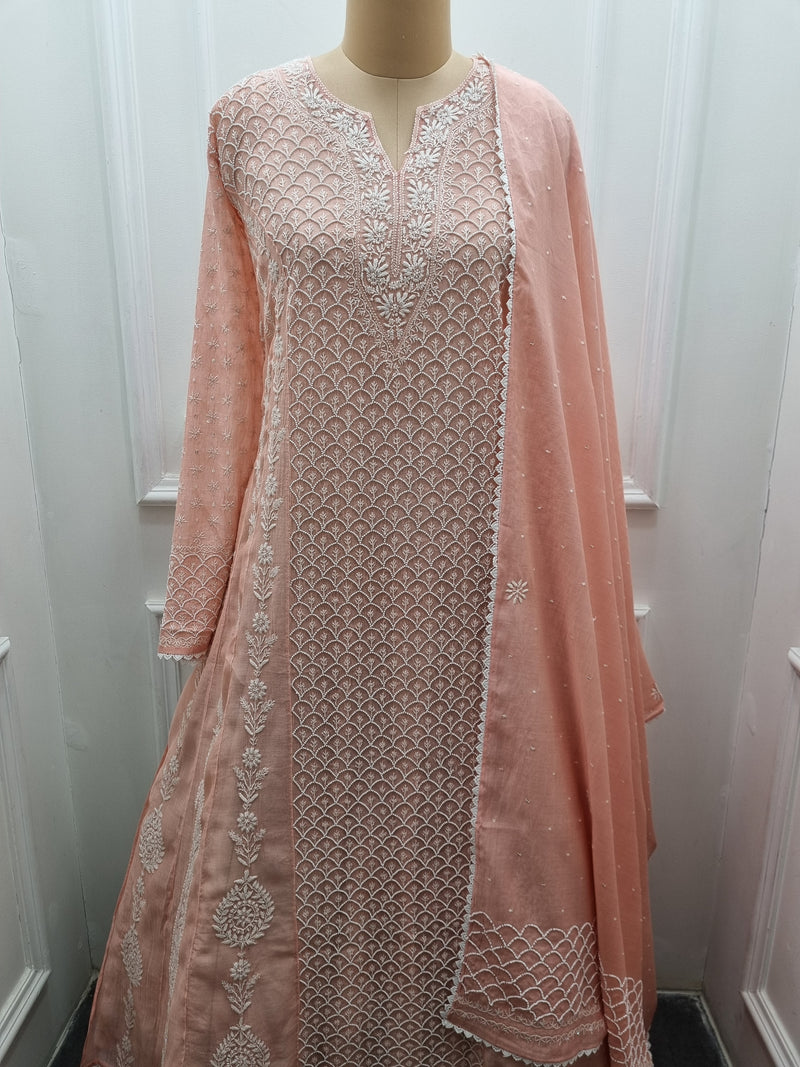 Mal Chanderi Anarkali 2 Pc Set - Peach