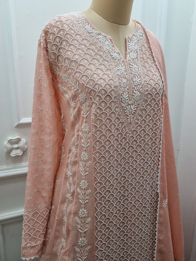 Mal Chanderi Anarkali 2 Pc Set - Peach