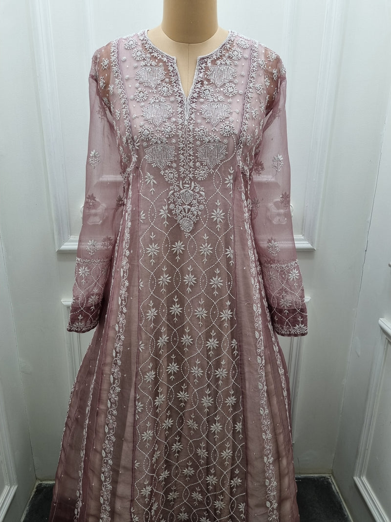 Pure Organza Anarkali 2 Pc Set Brown