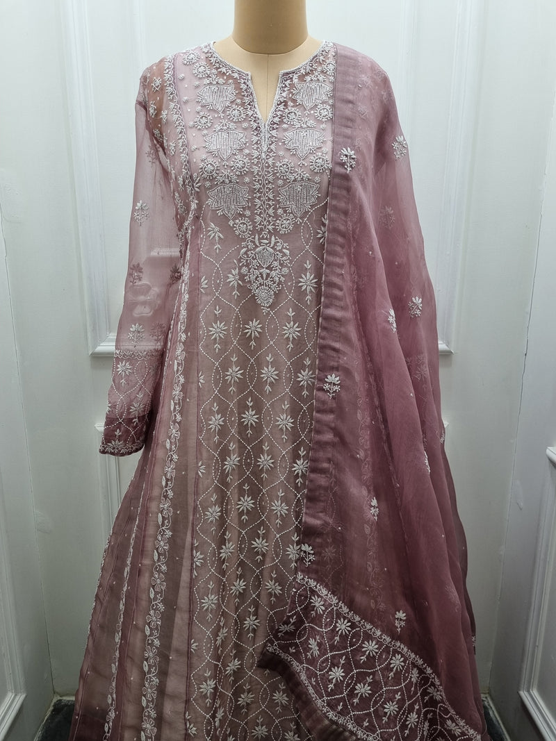 Pure Organza Anarkali 2 Pc Set Brown