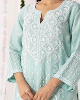Pure Organza Kurta 3 Pc Set - Aqua Green