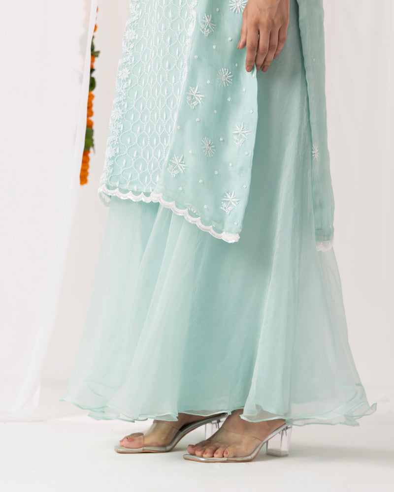 Pure Organza Kurta 3 Pc Set - Aqua Green