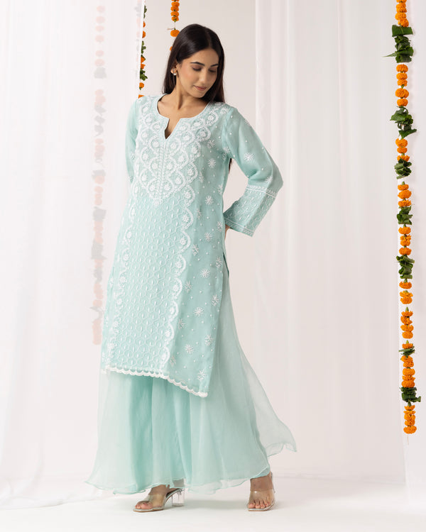 Pure Organza Kurta 3 Pc Set - Aqua Green