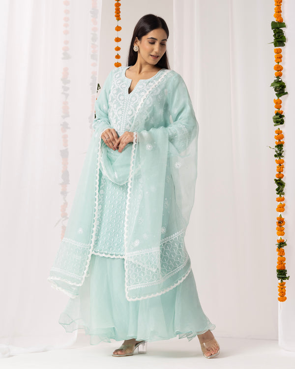 Pure Organza Kurta 3 Pc Set - Aqua Green