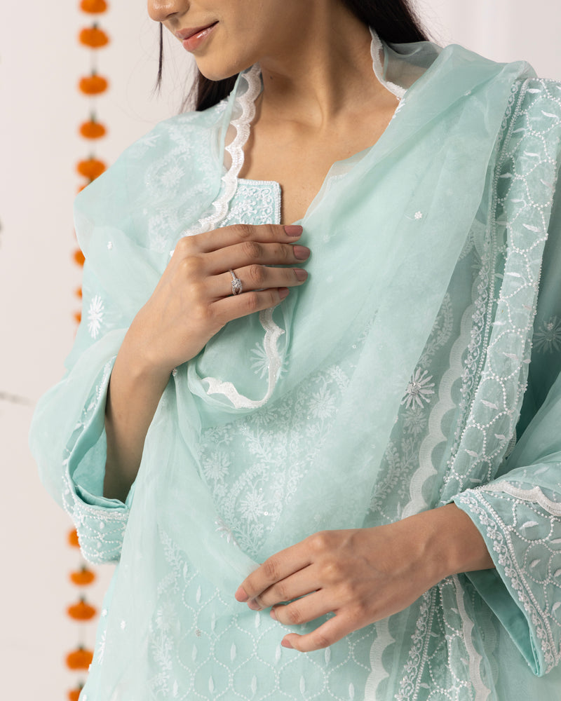 Pure Organza Kurta 3 Pc Set - Aqua Green