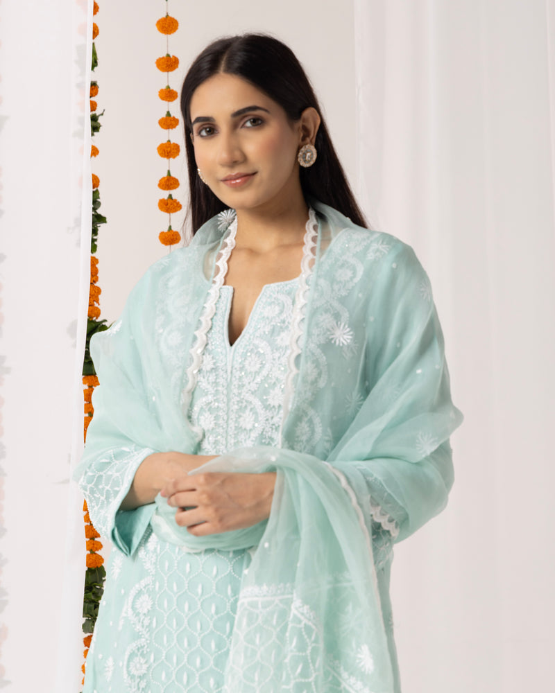 Pure Organza Kurta 3 Pc Set - Aqua Green