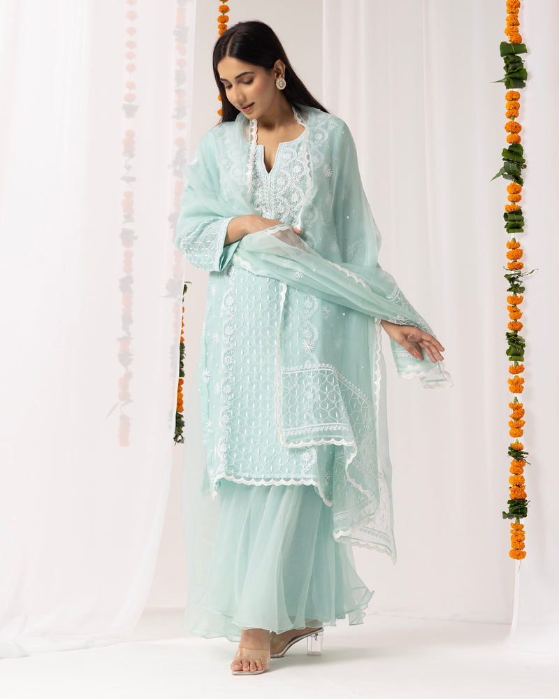 Pure Organza Kurta 3 Pc Set - Aqua Green