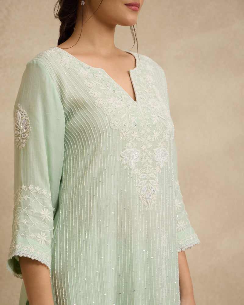 Chanderi Silk Kurta 3 Pc Set - Green