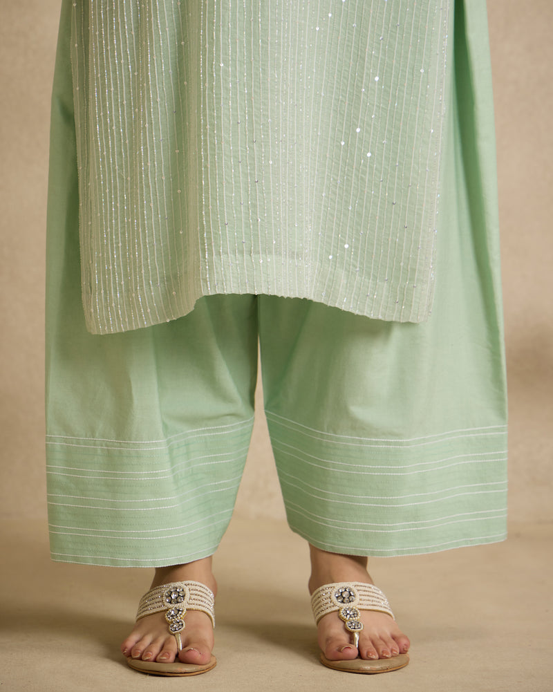 Chanderi Silk Kurta 3 Pc Set - Green