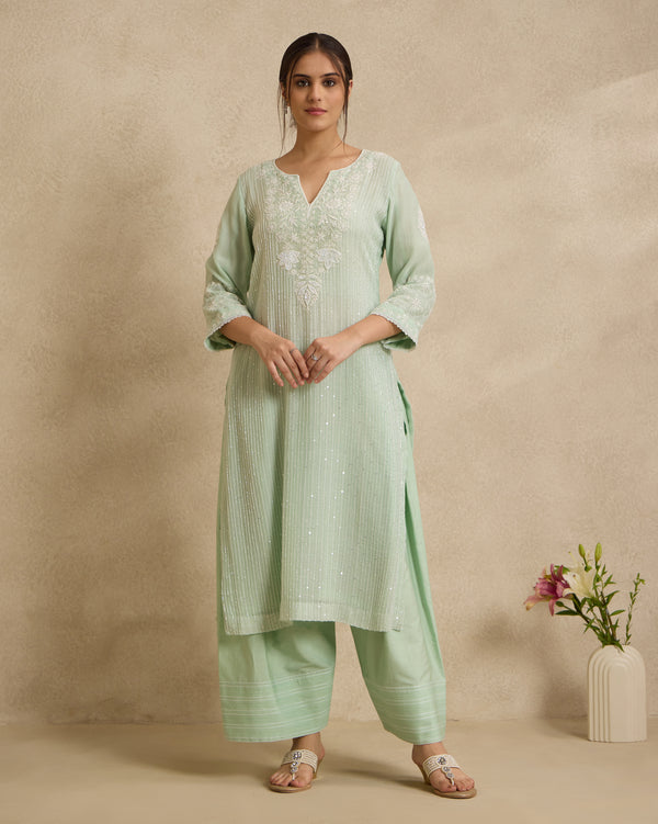 Chanderi Silk Kurta 3 Pc Set - Green