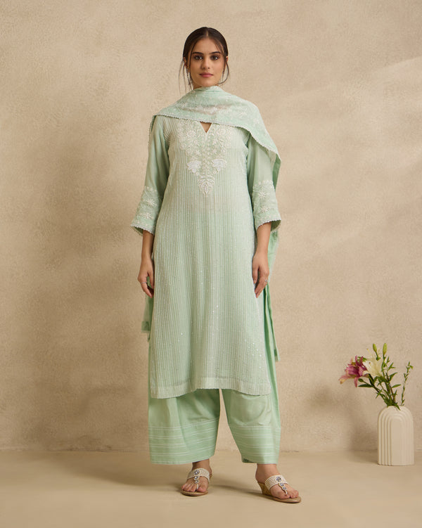 Chanderi Silk Kurta 3 Pc Set - Green