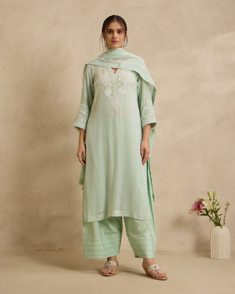 Chanderi Silk Kurta 3 Pc Set - Green