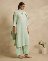 Chanderi Silk Kurta 3 Pc Set - Green