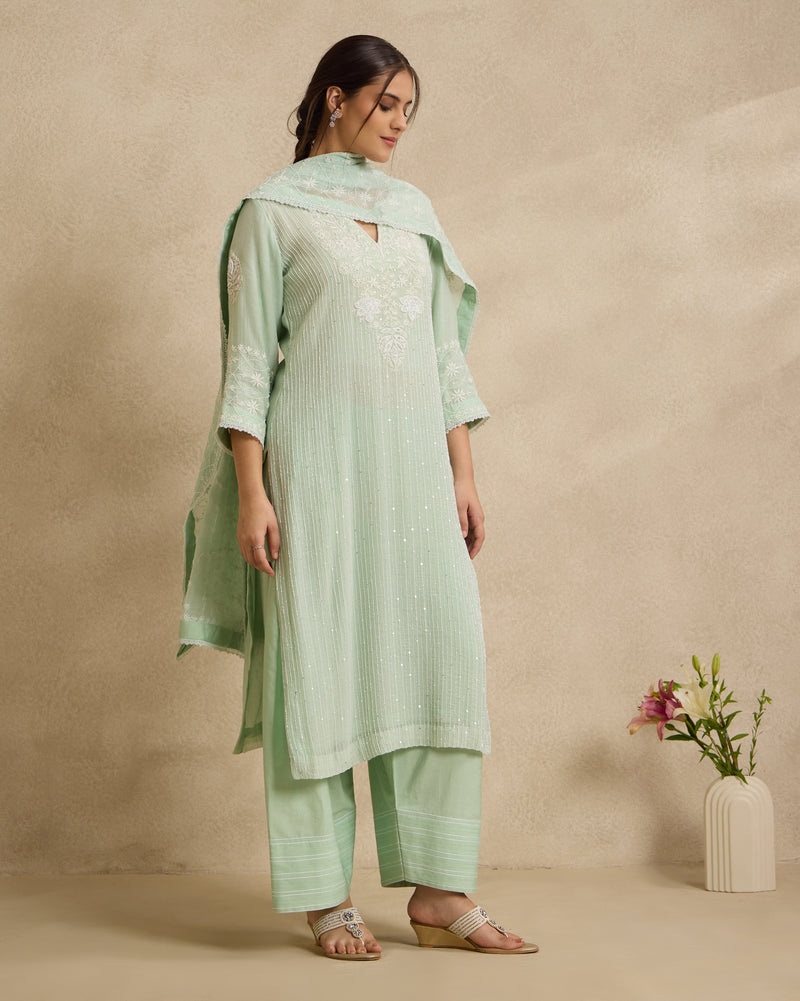Chanderi Silk Kurta 3 Pc Set - Green