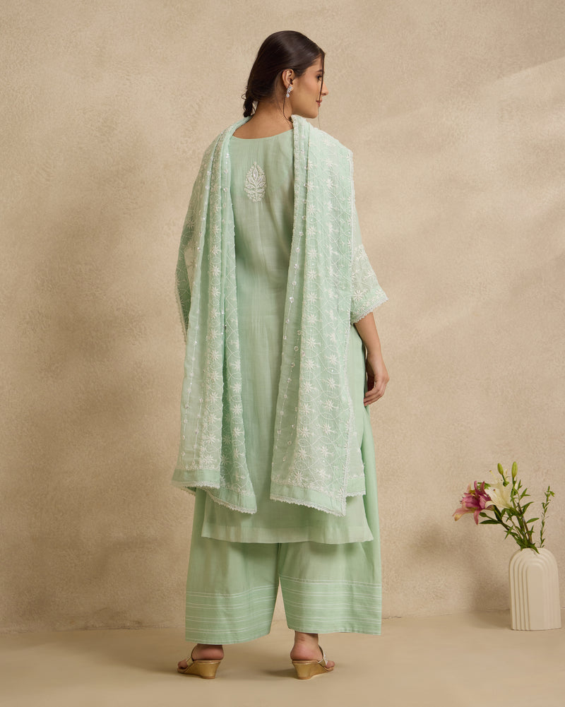 Chanderi Silk Kurta 3 Pc Set - Green