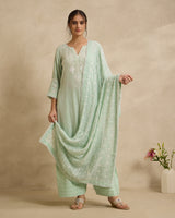Chanderi Silk Kurta 3 Pc Set - Green