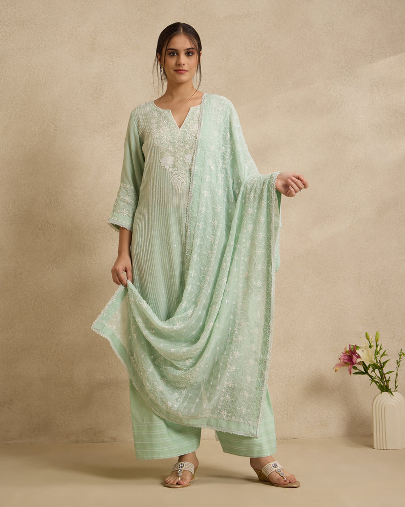 Chanderi Silk Kurta 3 Pc Set - Green
