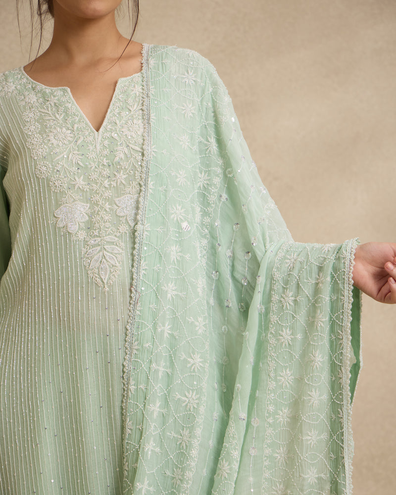 Chanderi Silk Kurta 3 Pc Set - Green