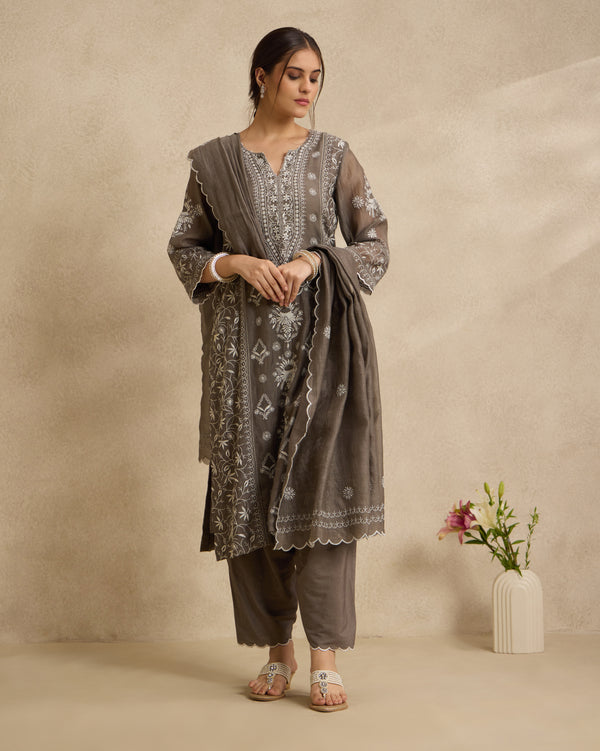 Mahira Grey Mal Chanderi Kurta Set