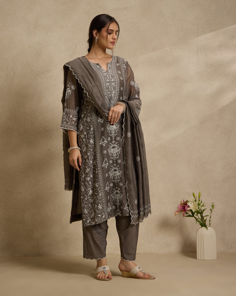 Mahira Grey Mal Chanderi Kurta Set