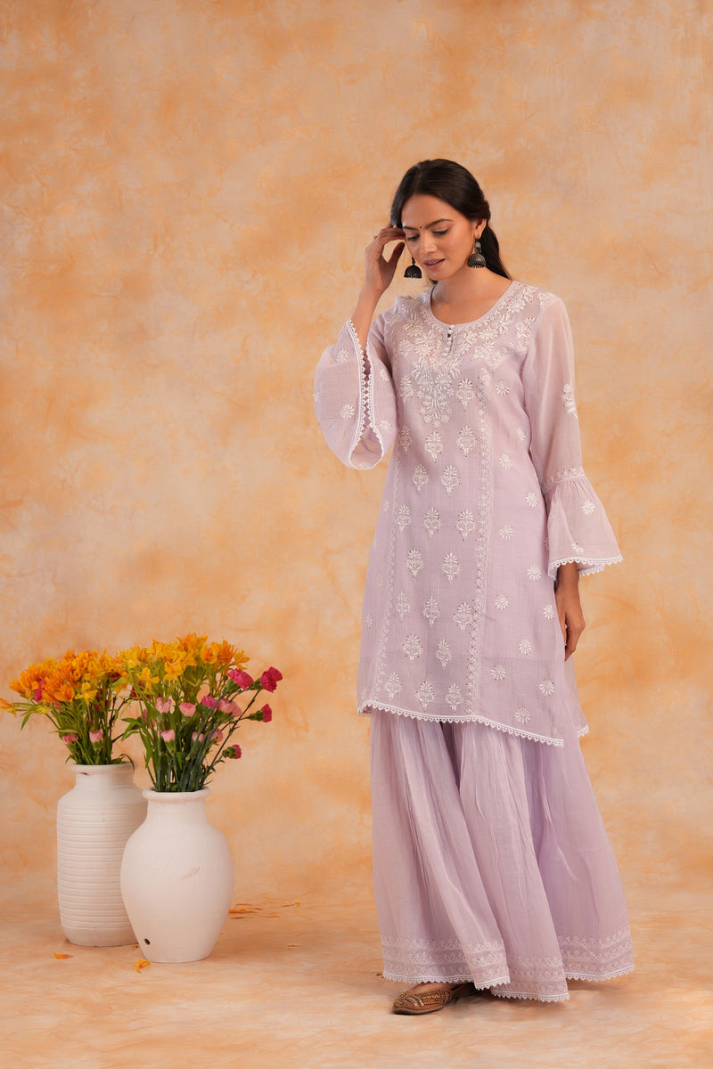 Mal Chanderi 3 Pc Garara Set - Lilac