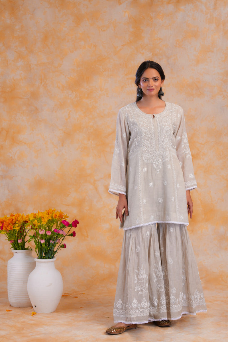 Grey Tissue Chanderi 3 pc Garara Set