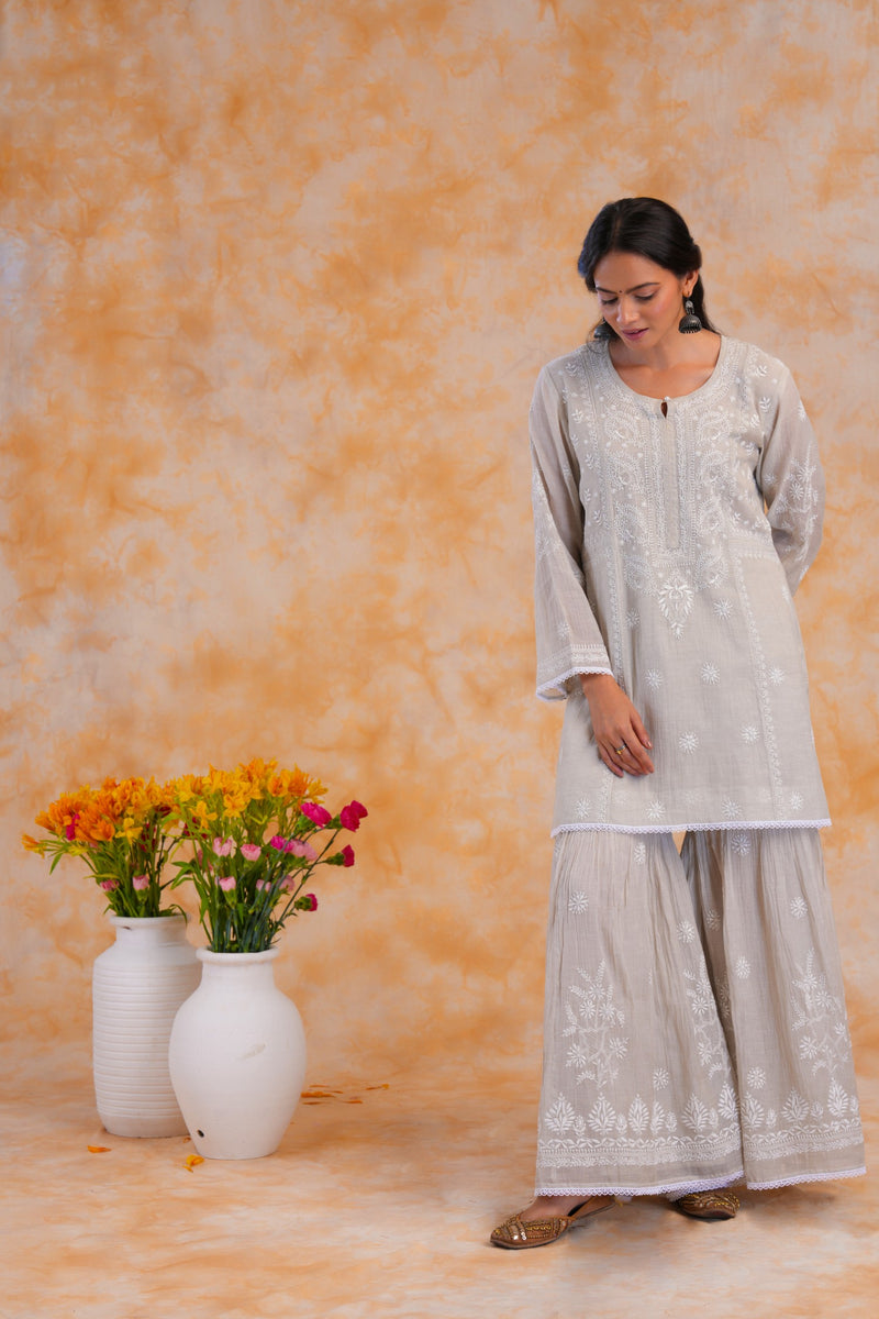 Grey Tissue Chanderi 3 pc Garara Set