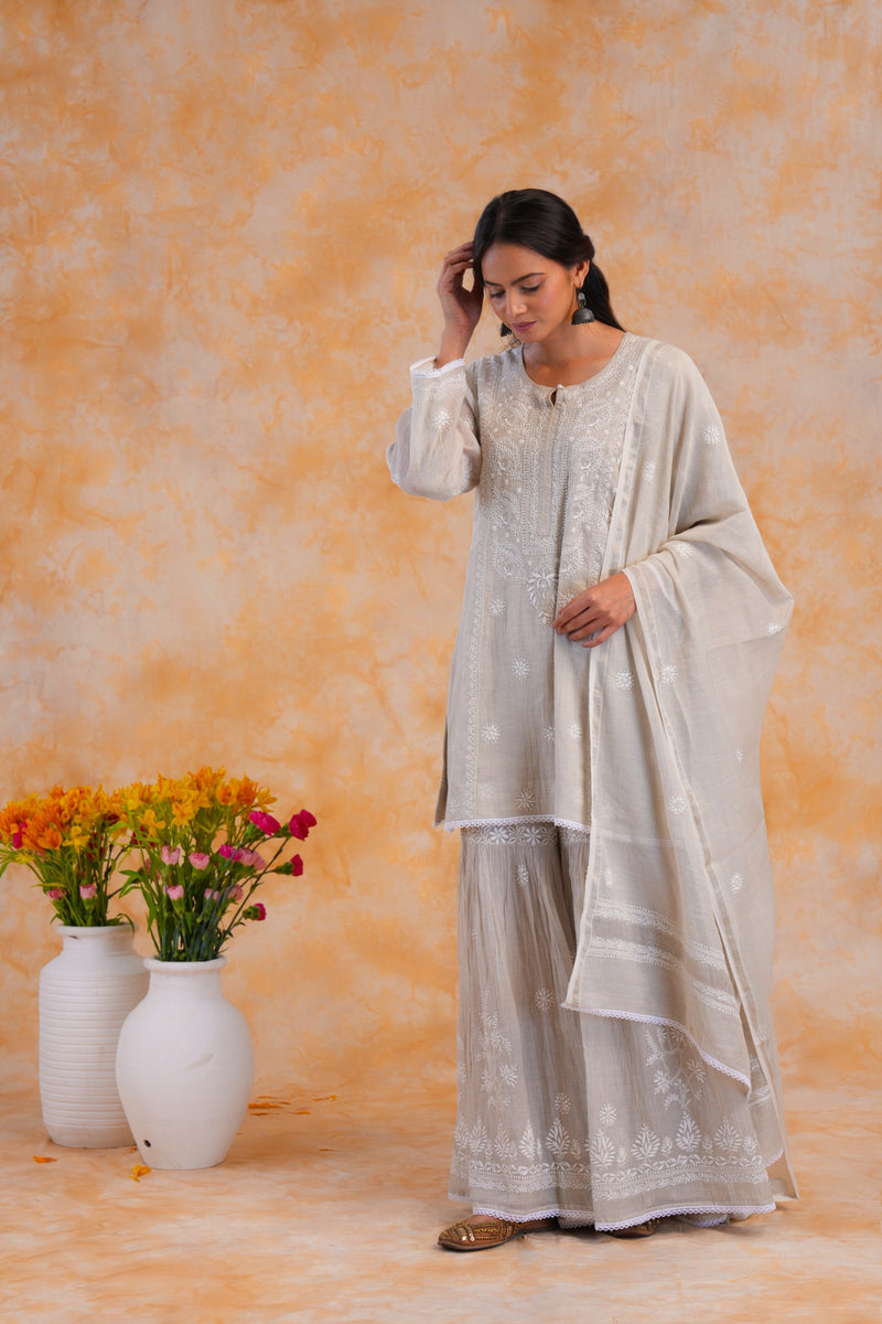 Grey Tissue Chanderi 3 pc Garara Set