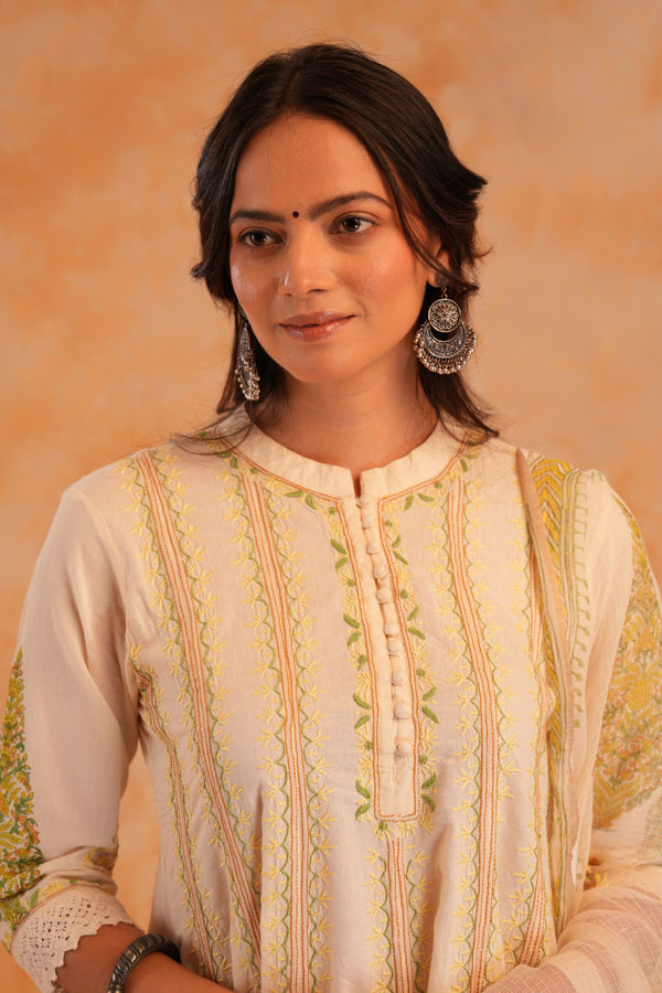 Off White Cotton 3 Pc Short Anarkali Dress