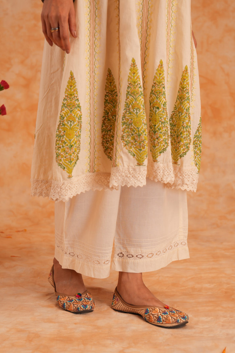 Off White Cotton 3 Pc Short Anarkali Dress