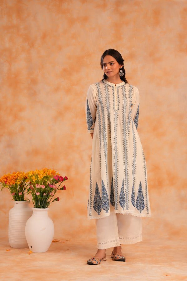 Off White Cotton 3 Pc Short Anarkali Dress