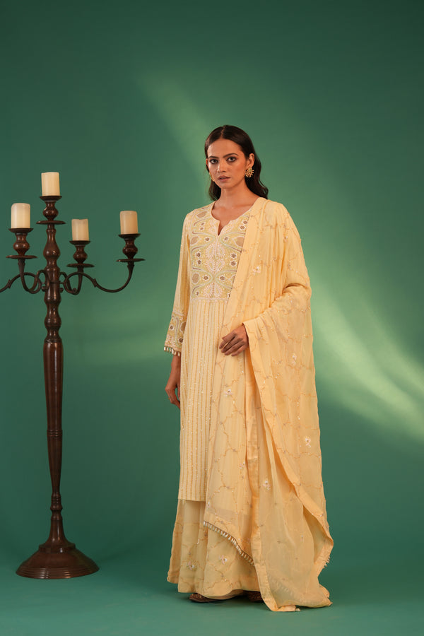 Yellow Pure Georgette Chinkari  Kurta with Palazzo & Dupatta