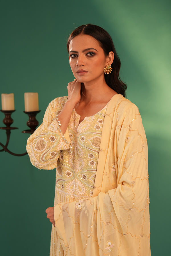 Yellow Pure Georgette Chinkari  Kurta with Palazzo & Dupatta