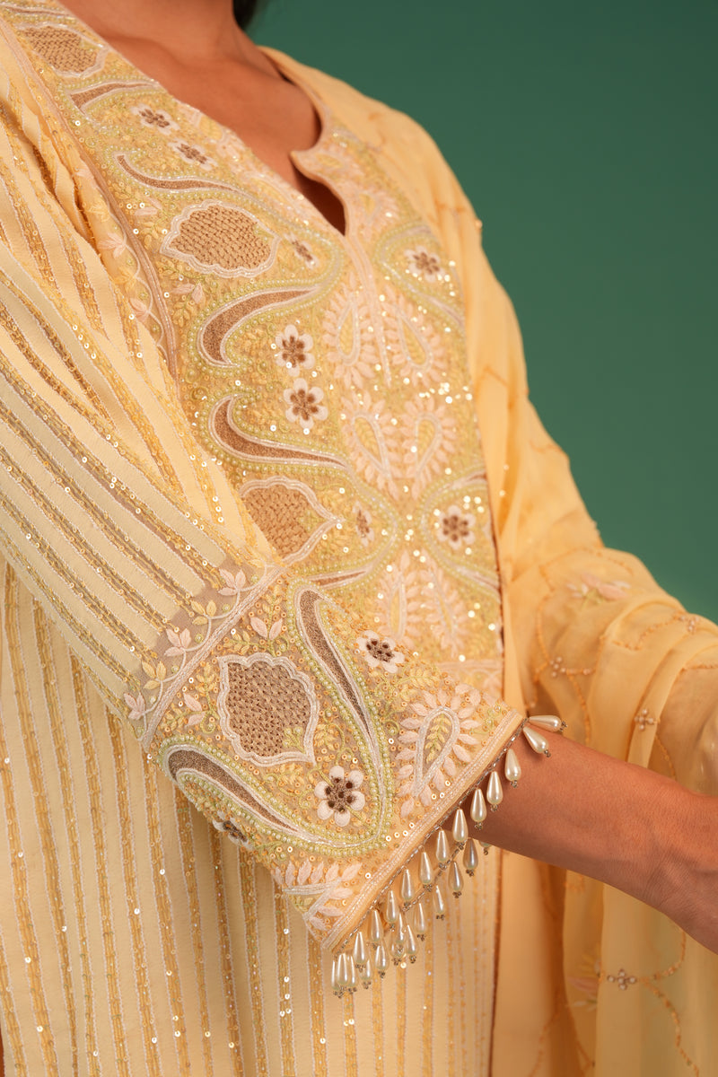 Yellow Pure Georgette Chinkari  Kurta with Palazzo & Dupatta