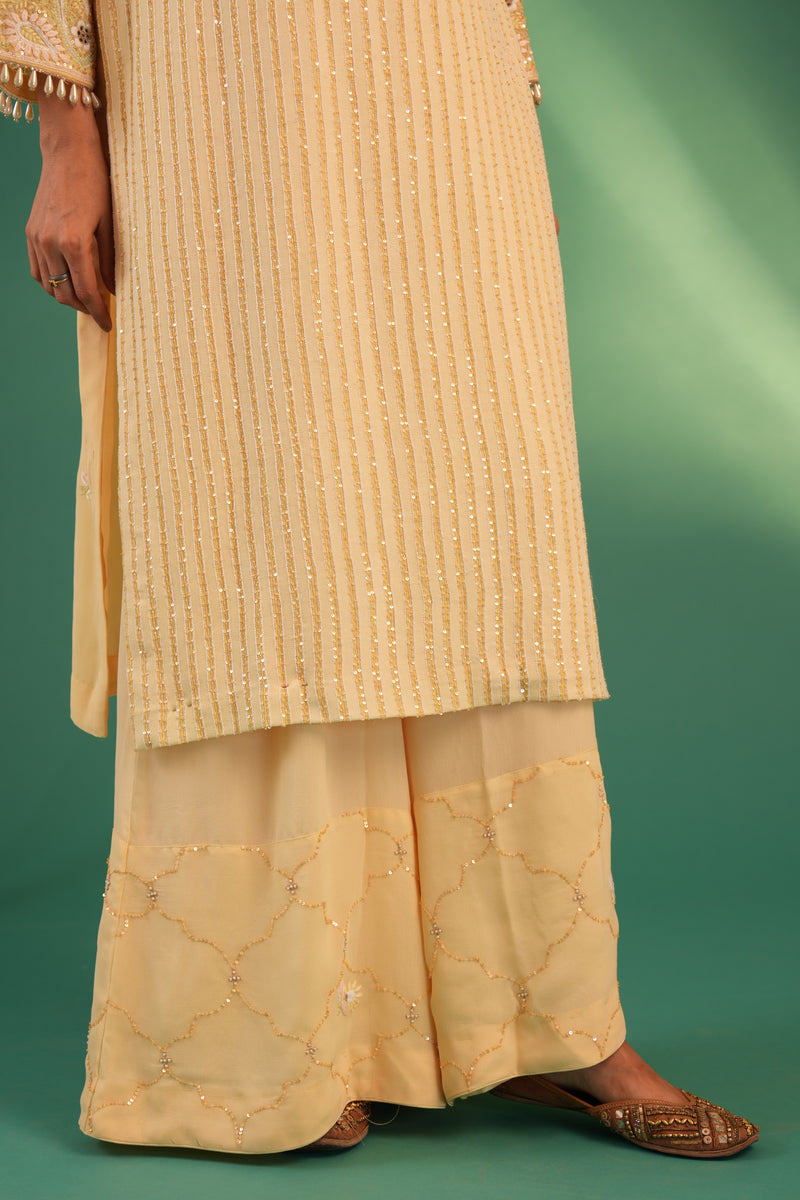 Yellow Pure Georgette Chinkari  Kurta with Palazzo & Dupatta
