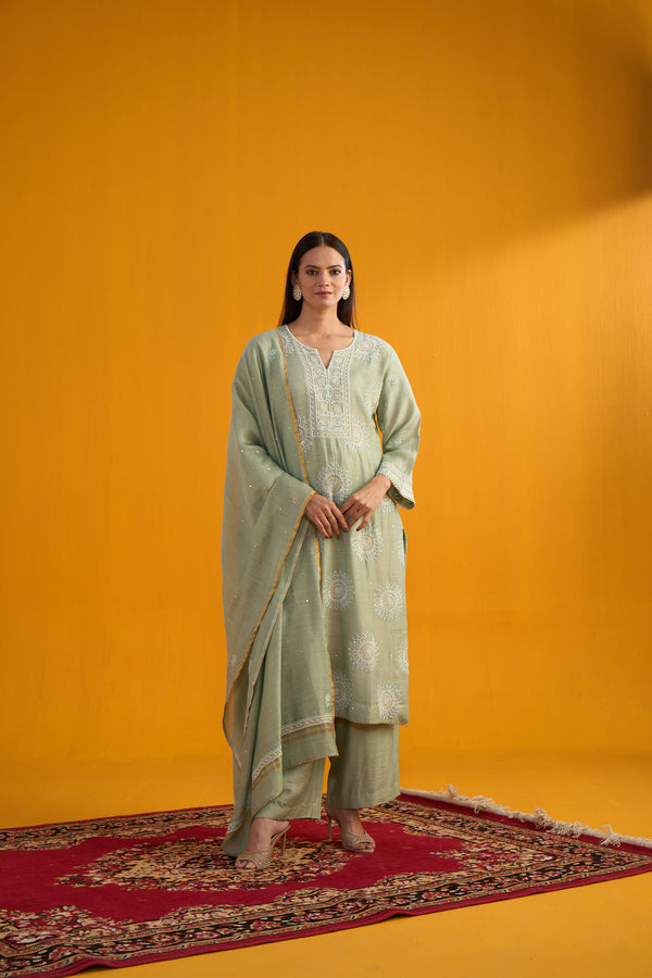 Green Moonga Silk Kurta with Palazzo & Dupatta