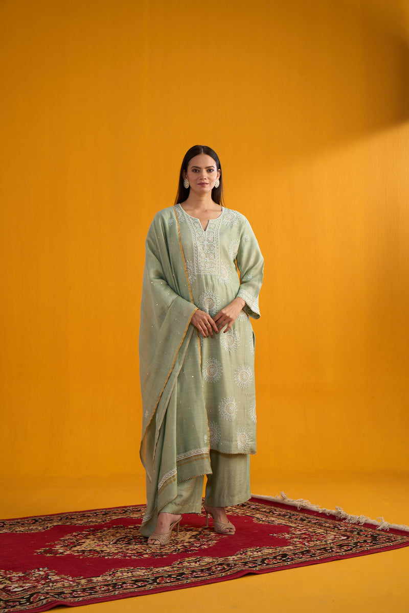 Green Moonga Silk Kurta with Palazzo & Dupatta