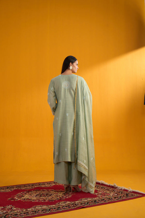 Green Moonga Silk Kurta with Palazzo & Dupatta