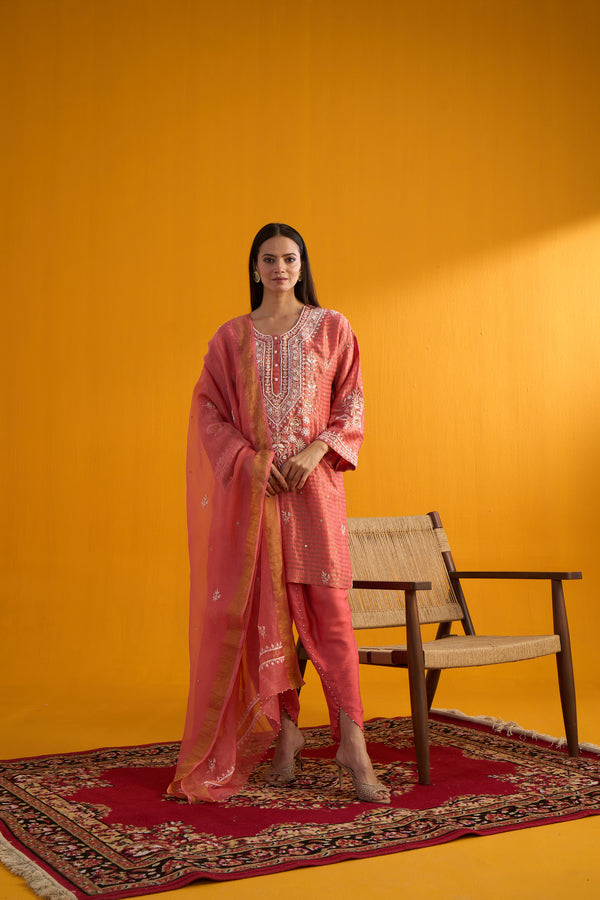 Rust Chanderi Silk Kurta with Dhoti Salwar & Dupatta